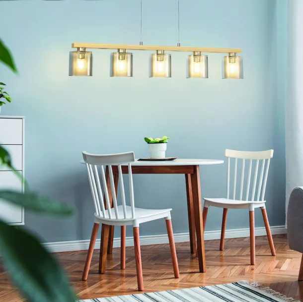 Lampada a sospensione con diffusore in vetro e struttura in legno e metallo Castralvo di Eglo