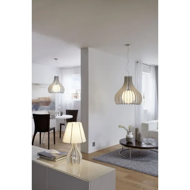 Lampada a sospensione con diffusore in vetro e legno Tindori di Eglo