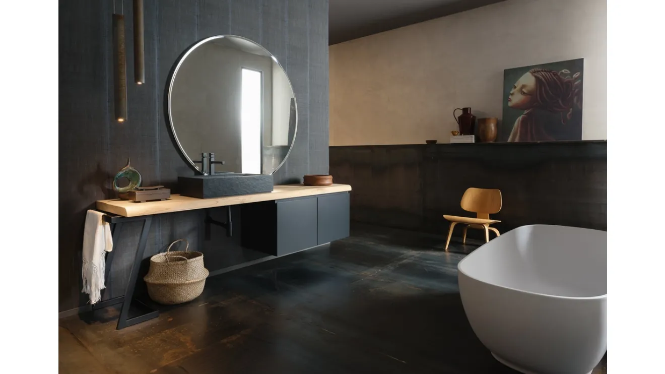 Mobile Bagno da appoggio in laccato opaco nero con piano in legno e lavabo in gres INK PRESTIGE NK21 di Compab