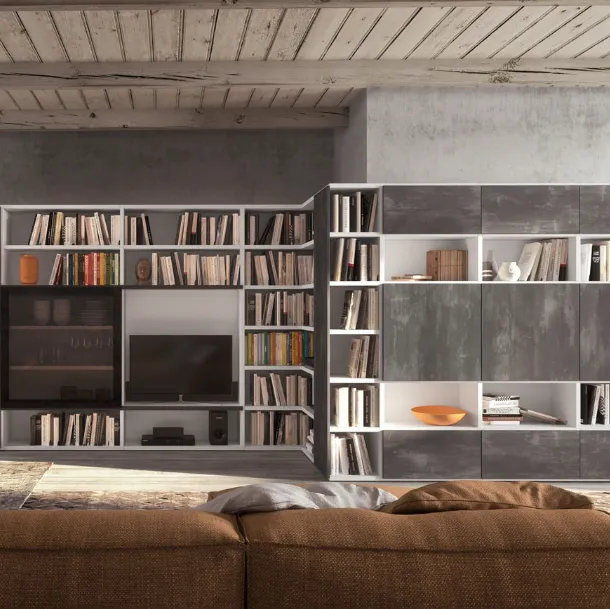 Libreria in laccato bianco con decori industrial Sistema 14 di Mab