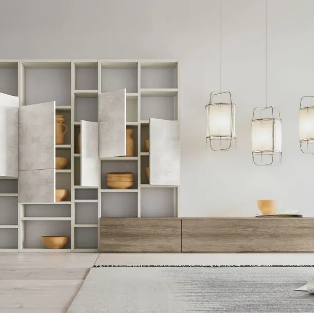 Libreria a muro Composizione M14 in finitura Perla, Calce Bianca e Rockwood Cannella di Marka Total Living