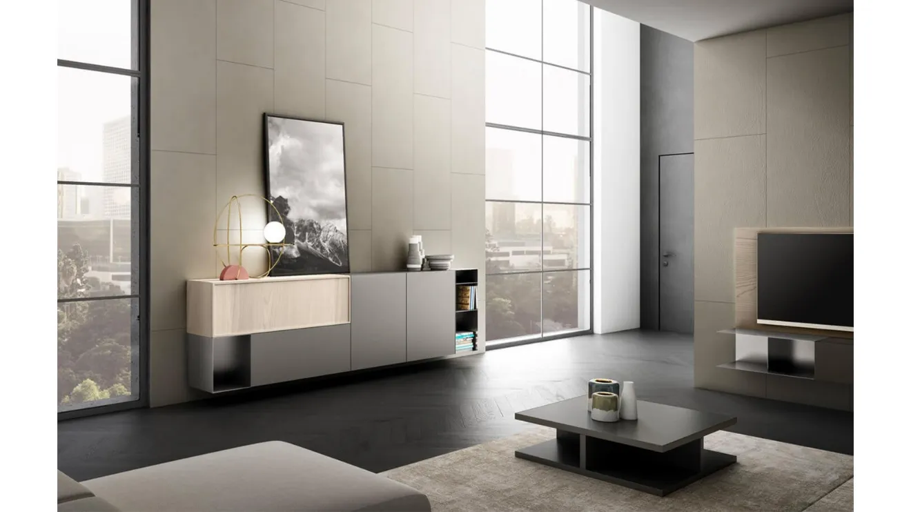 Madia sospesa Living 04 in laccato opaco lavagna e Aria Larice Cortina di Arredo3