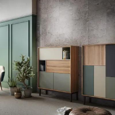 Madia alta Living 10 in laccato opaco colori vari e Aria Larice Cortina di Arredo3
