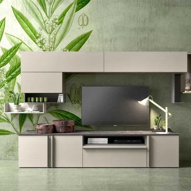 Parete Attrezzata in laccato opaco con top in finitura brown marble di Mab
