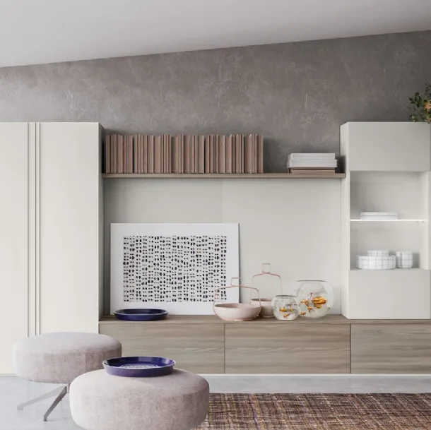 Parete Attrezzata Composizione M07 in melaminico Perla e Forestal Brown di Marka Total Living