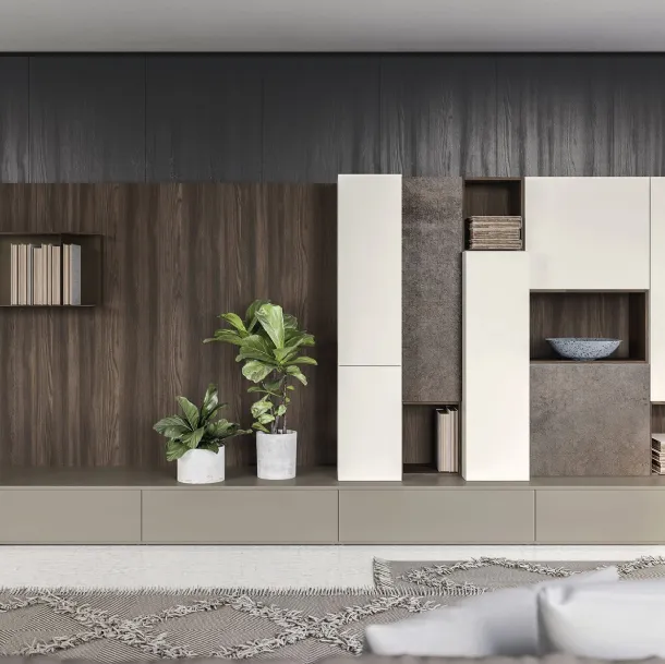 Parete Attrezzata Composizione M10 finitura Perla, Pietra e Forestal Dark di Marka Total Living