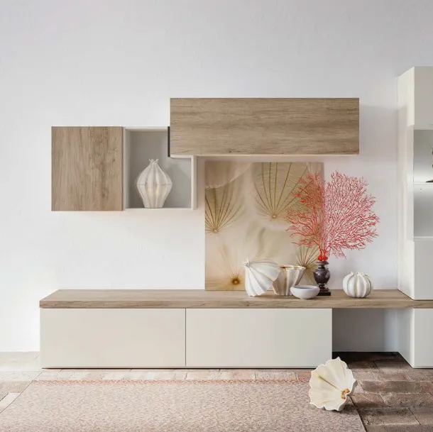 Parete Attrezzata Composizione M12 finitura Perla e Rockwood Cannella di Marka Total Living