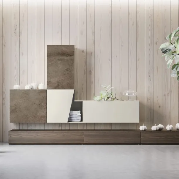 Parete Attrezzata Composizione M18 finitura Forestal Dark, sintetico Pietra e Perla di Marka Total Living