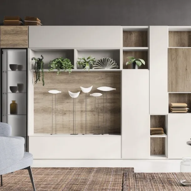 Parete Attrezzata Composizione M19 in melaminico Perla e Rockwood Cannella di Marka Total Living