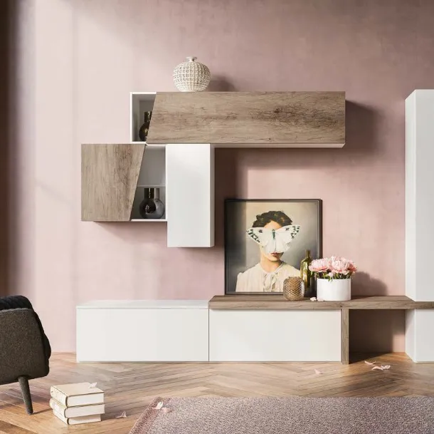 Parete Attrezzata Composizione M22 in melaminico Perla e Rockwood Cannella di Marka Total Living
