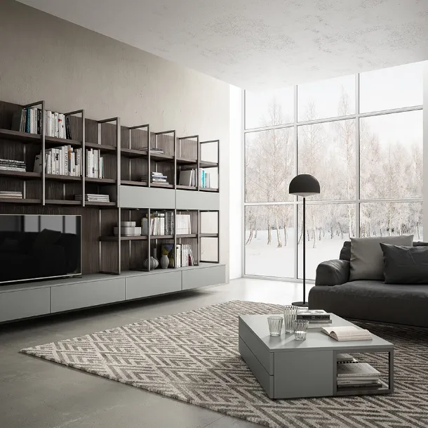 Parete Attrezzata sospesa in laccato opaco grigio e Noce bruno Living 03 di Arredo3