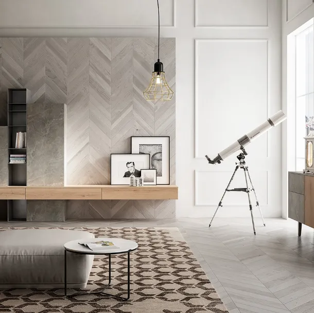 Parete Attrezzata Living 05 in Rovere e Pietra di Arredo3