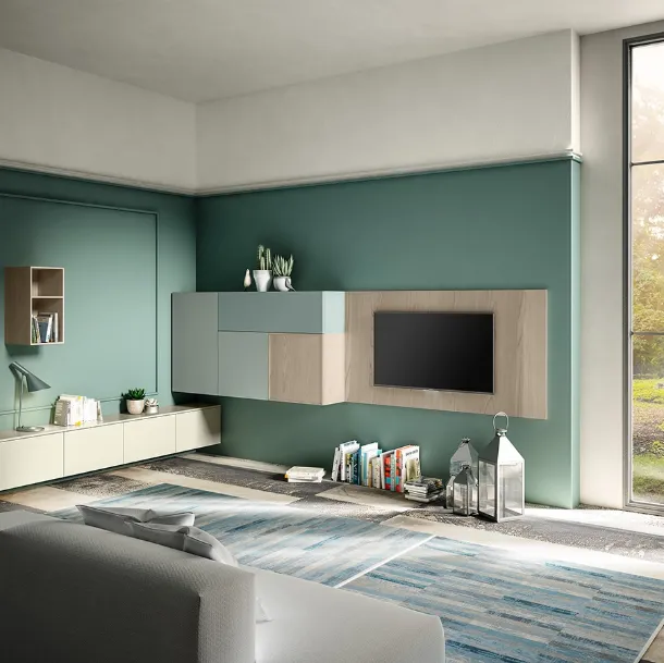 Parete Attrezzata Living 10 in laccato opaco e Aria Larice Cortina di Arredo3