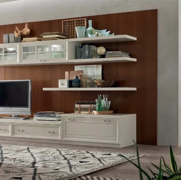 Parete Attrezzata MU454 con Boiserie Noce e finitura mobile Panna di Maronese Acf