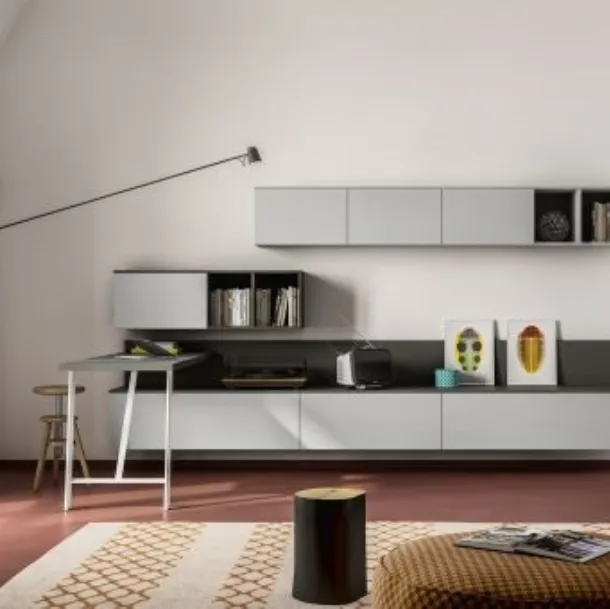 Parete Attrezzata RF101 Day in legno con finiture in antracite e ghiaia di Marka Total Living