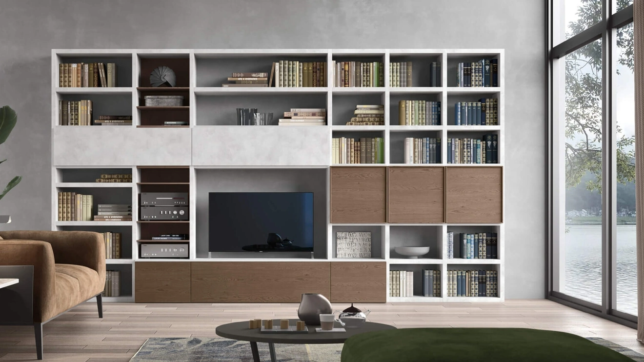 Parete Attrezzata Sistema Spalla Comp SA2222 in melaminico cemento Grigio e impiallacciato Nocciola di Maronese