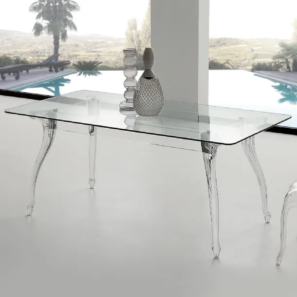 Tavolo di design Regina Table in vetro temperato trasparente con struttura in acrilico trasparente e gambe in policarbonato di La Seggiola