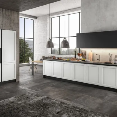Cucina Classica lineare in Pet opaco Bianco, pensili in laccato Nero e top in laminato Grigio Frame di Arredo3