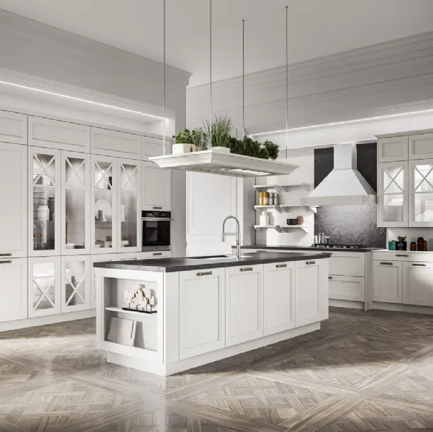 Cucina Classica con isola in legno di Frassino massello laccato Bianco a poro aperto e top in Dekton Fossil Frida classic di Arredo3