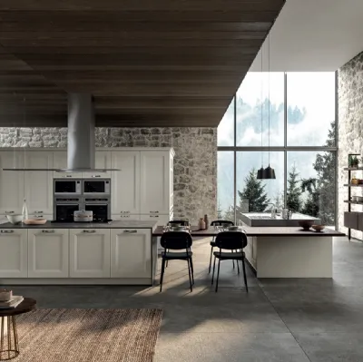 Cucina Classica angolare Gioiosa in legno di Frassino laccato Nebbia a poro aperto e top in laminam Pietra Grey di Arredo3