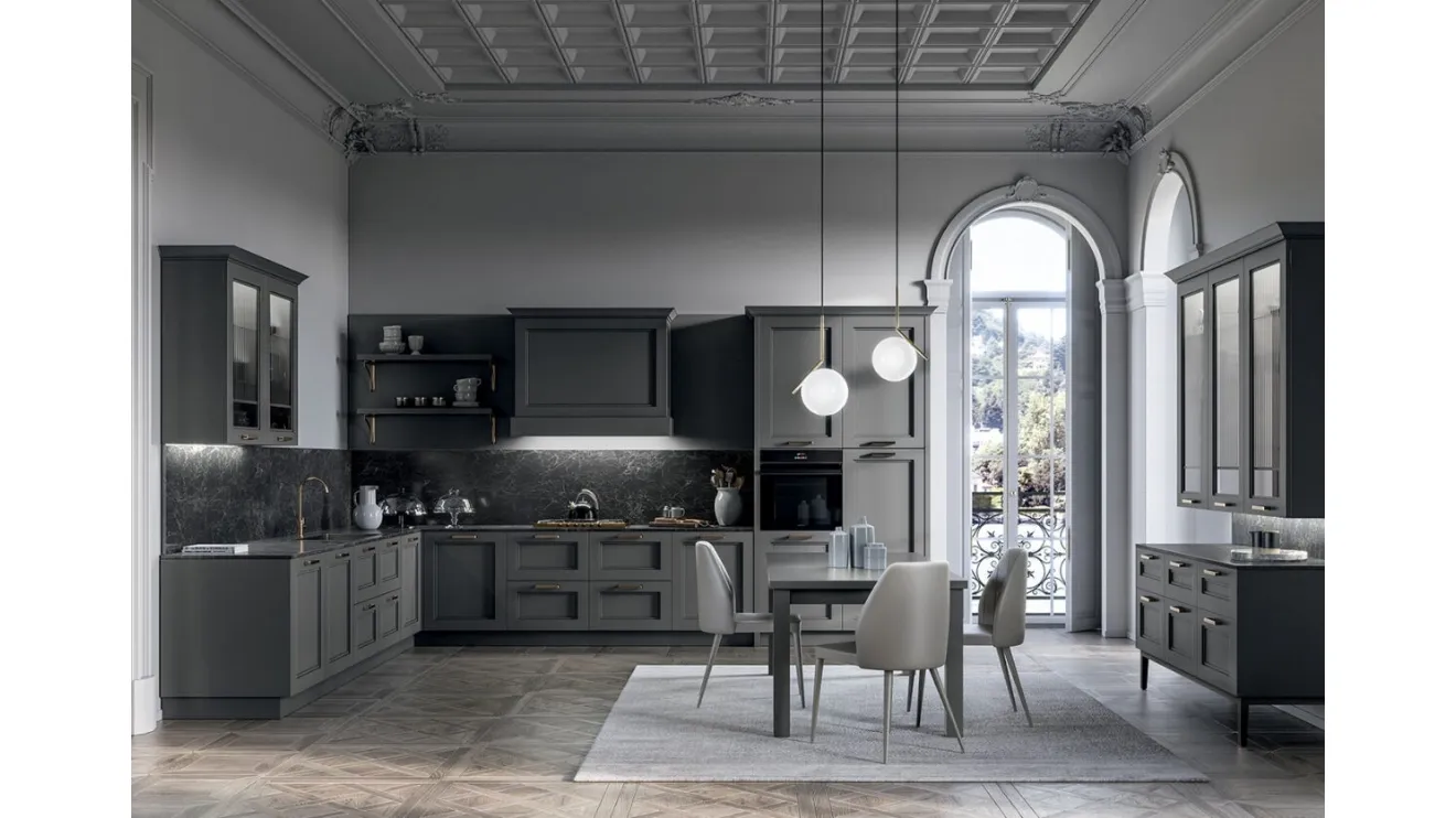 Cucina Classica angolare in laccato opaco Grigio e top in laminam Nero Greco Meg di Arredo3