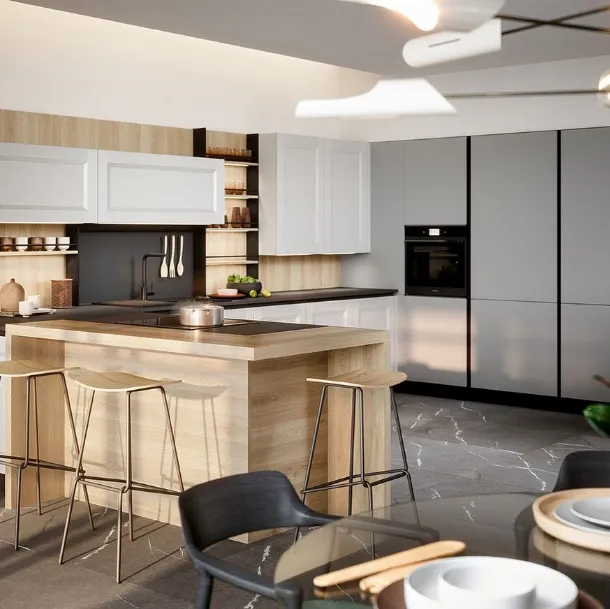 Cucina Moderna angolare Asia in materico laccato grigio chiaro con penisola in finitura rovere naturale di Forma la cucina