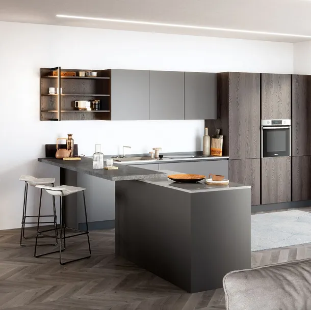 Cucina Moderna con penisola Colibrì Gola Blues in finitura laccato grigio irlanda e rovere fumo di Forma la cucina