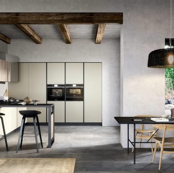 Cucina Moderna con penisola Colibrì Gola Blues finitura nobilitato corda e rovere polvere di Forma la cucina