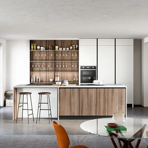 Cucina Moderna lineare Colibrì Gola Blues in finitura noce nordico e bianco giappone di Forma la cucina