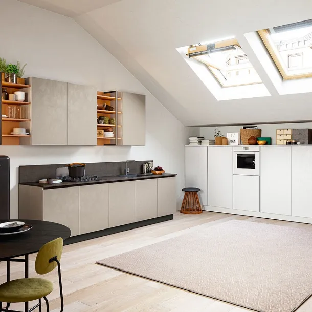Cucina Moderna lineare Colibrì Gola Blues in finitura cemento brown e cemento white di Forma la cucina