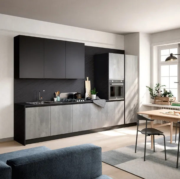 Cucina Moderna lineare Colibrì Presa in finitura cemento grey e laccato nero texas di Forma la cucina