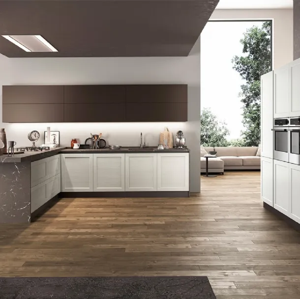 Cucina angolare Moderna Frame con basi in Frassino e top in laminato effetto Marmo di Arredo3