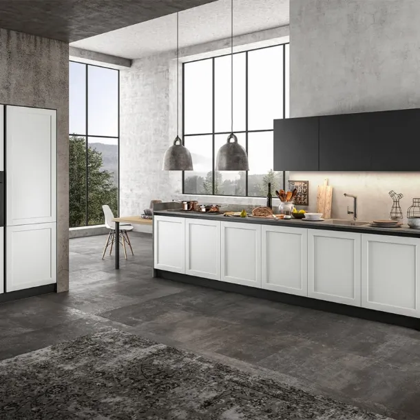 Cucina Moderna lineare in Pet opaco Bianco, pensili in laccato Nero e top in laminato Grigio Frame di Arredo3