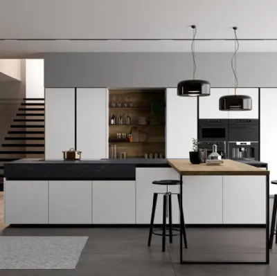 Cucina Moderna Glass 2 0 in vetro opaco bianco puro con penisola in laminato Noce Imperial di Arredo3