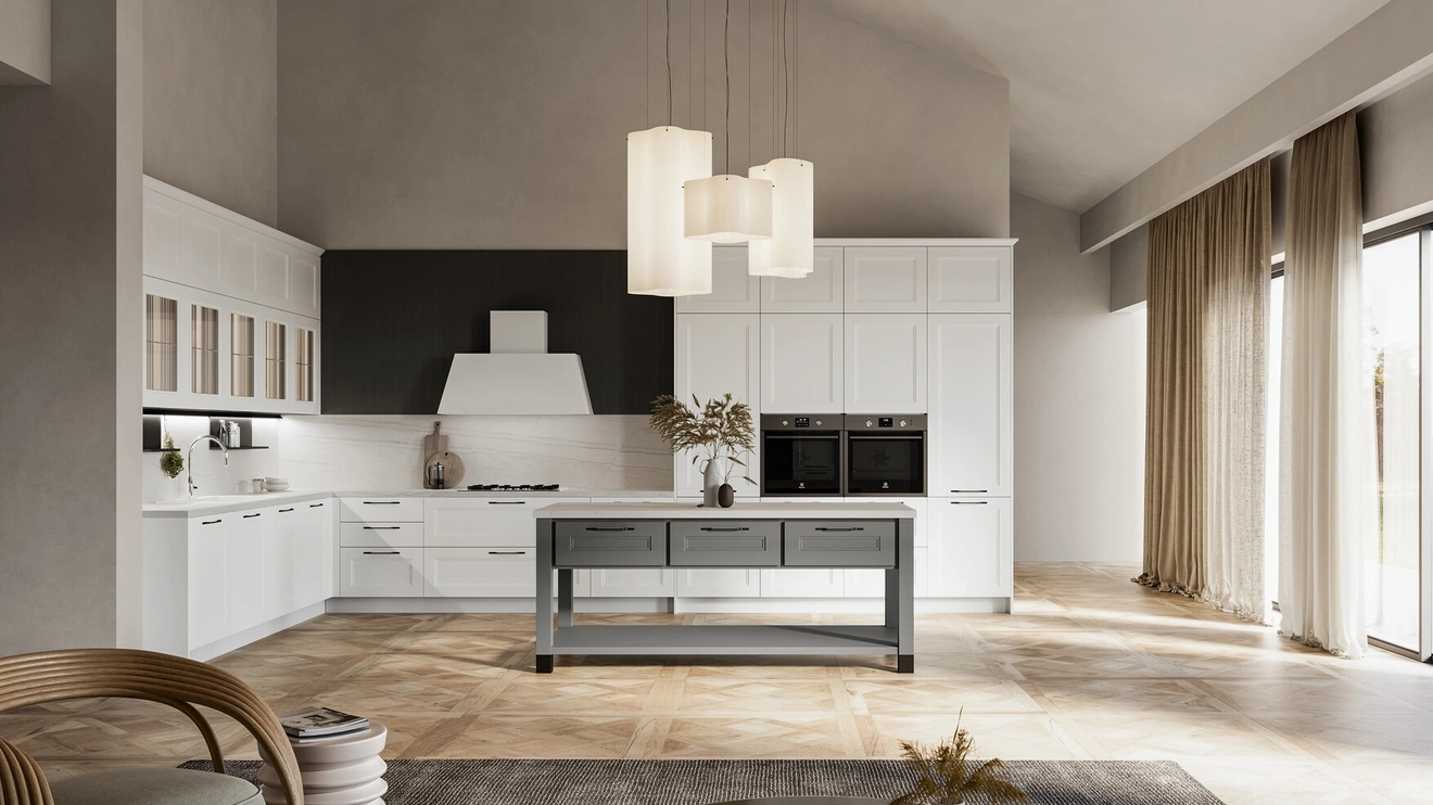Cucina Moderna angolare Meg 03 in polimerico bianco e laccato fossile di Arredo3