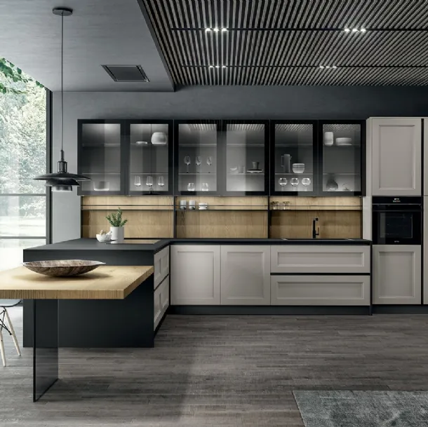 Cucina Moderna angolare con penisola in laccato opaco Nebbia, laminato Rovere biondo, vetro fumè e top in Fenix Nero Meg di Arredo3