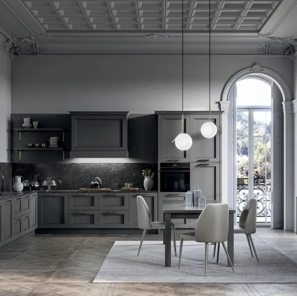 Cucina Moderna angolare in laccato opaco Grigio e top in laminam Nero Greco Meg di Arredo3