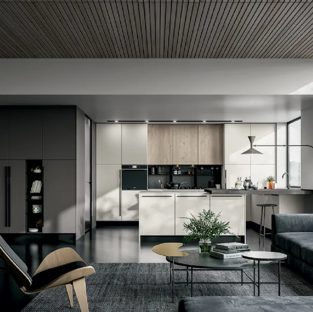 Cucina Moderna Round angolare con penisola in laminato Seta Bianco e Roccia con top in Quarzo di Arredo3