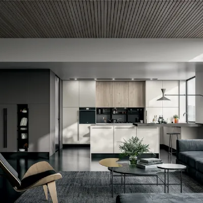 Cucina Moderna Round angolare con penisola in laminato Seta Bianco e Roccia con top in Quarzo di Arredo3