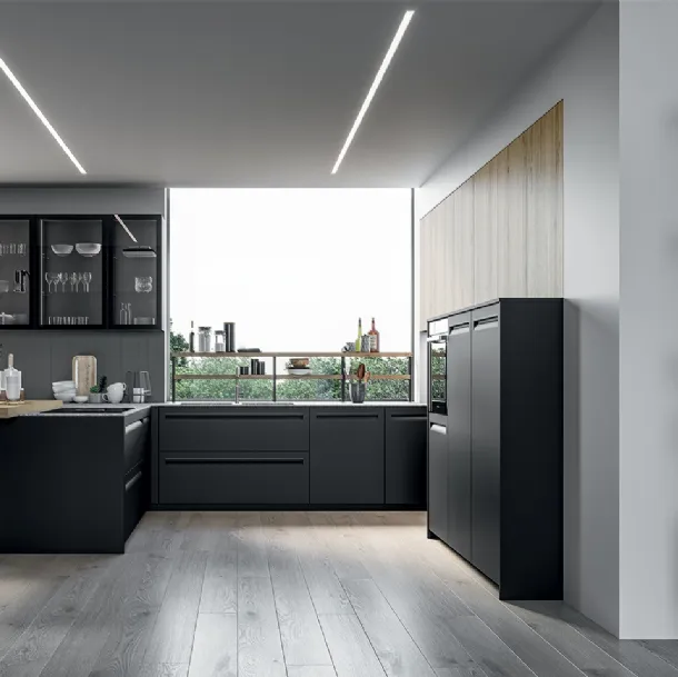 Cucina Moderna angolare Tekna in polimerico Nero opaco e laminato Rovere biondo di Arredo3