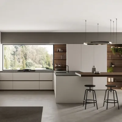 Cucina Moderna angolare laccato opaco Nebbia con penisola in Eucalipto Noce Time di Arredo3