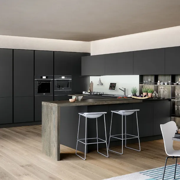 Cucina Moderna angolare Trend Grip in laminato fenix nero ingo con bancone penisola in finitura abete antico di Forma la cucina