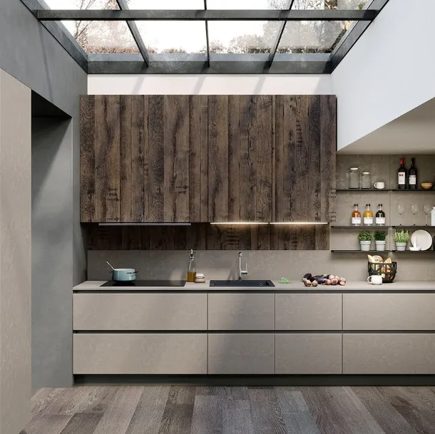 Cucina Moderna lineare Trend Grip in finitura resina tortora e rovere termocotto di Forma la cucina