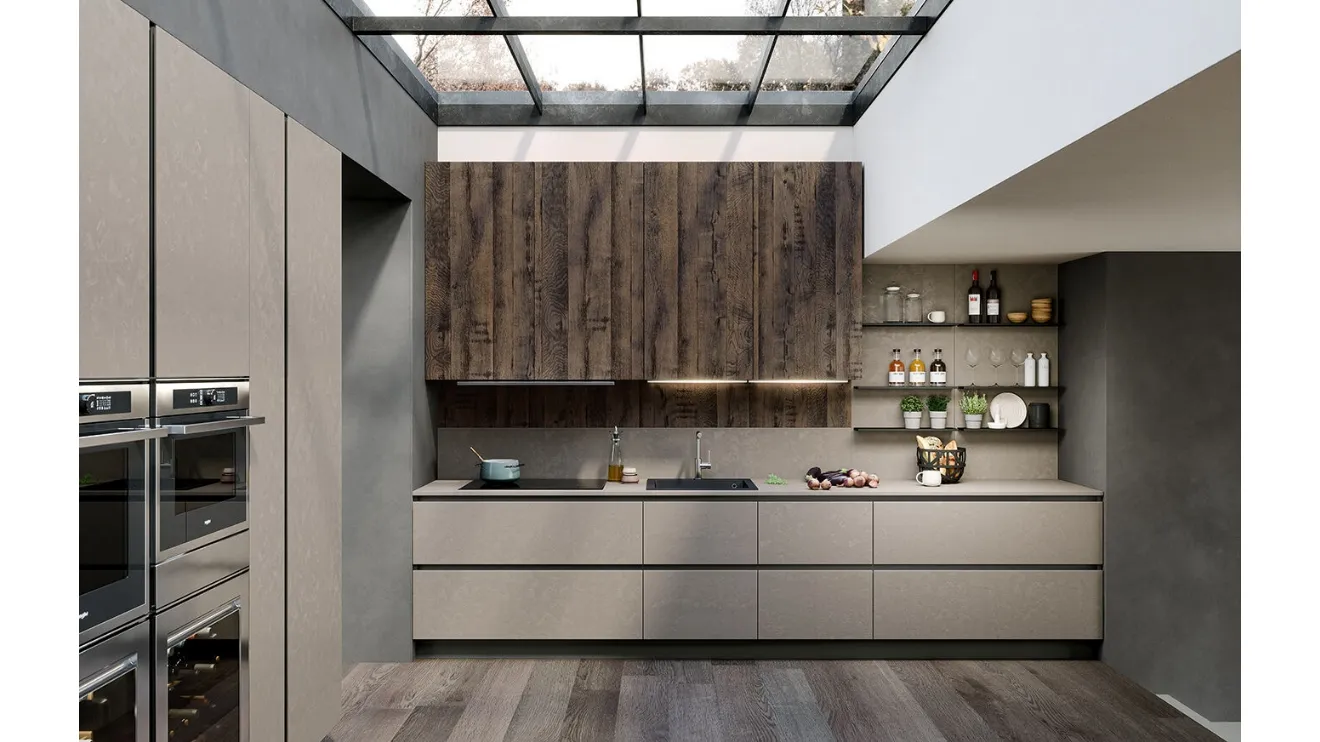 Cucina Moderna lineare Trend Grip in finitura resina tortora e rovere termocotto di Forma la cucina