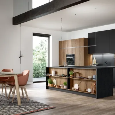 Cucina Moderna con isola Trend Linea in finitura nero seta e rovere arizona di Forma la cucina