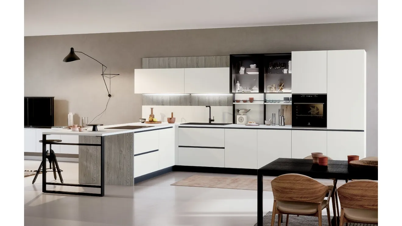 Cucina Moderna angolare con penisola Trend Linea in finitura rovere grey e fenix bianco kos di Forma la cucina