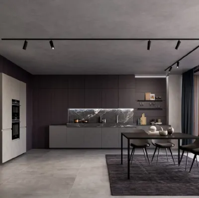 Cucina Moderna lineare in laminato Resina Cromo e impiallacciato Coke con top in ceramica effetto Marmo Nero rigato Wega di Arredo3